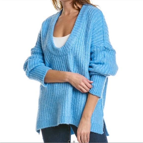 Free People Sweaters - Free People Blue Bell Oversized V Neck Sweater XL Blue